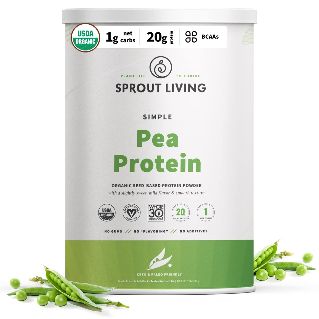 Sprout Living Organic Pea Protein Powder, Unflavored, 20 Gram Plant Based Organic Protein Powder Without Artificial Sweeteners, Non Dairy, Non-GMO, Vegan, Gluten Free (2 Pond, 38 Servers)