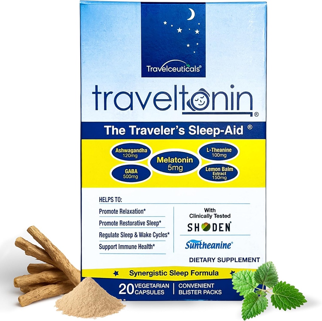 Aide au sommeil de voyage Obtenir Jet Lag Relief, Restaurant Sommeil, Immune Support , Vol, Hôtel Essentiel , 5-en-1 Formule w/Melatonin, Ashwagandha, L-Theanine, GABA, Lemon Baume , 20 Capsules