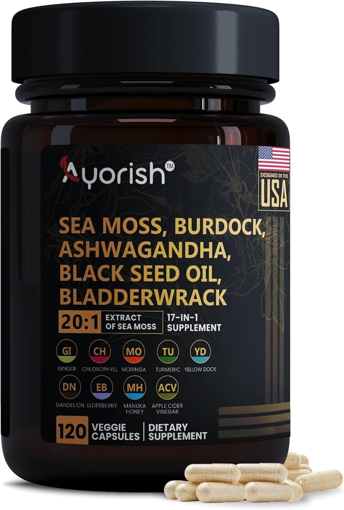 Sea Moss Capsule 30:1 High Strength 6000mg Equivalent Per Servings, Black Seed Oil Ashwagandha Ginger Capsules, Turmeric, Moringa, Bladderwrack, Burdock Root, Manuka Honey, Cinnamon 120 Count
