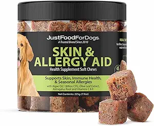 JustFoodForDogs Skin & Allergie Care Soft Chews Supplement voor honden, seizoensallergieën, jeukende huidrelief, ontsteking, immuunondersteuning - 45 Tellen