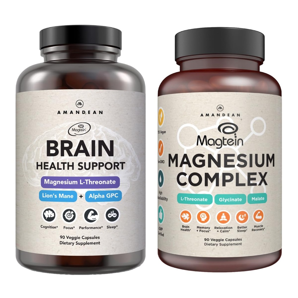 AMANDEAN Premium Brain & Magnesium Bundle: High-Absorptie Magnesium L-Threonate, Glycinate & Malate, USA-Grown Organic Lion Ondersteunt cognitieve gezondheid, focus & slaap