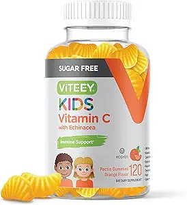 Viteey Kids Vitamine C Gummies 75mg, met Echinacea - Suikervrij - Immune Ondersteuning voor kinderen, peuters, & tieners - Veganistisch, Gelatine Vrij, Glutenvrij, GGO Vrij - Smakelijke Orange Flavored Immunity Gummy