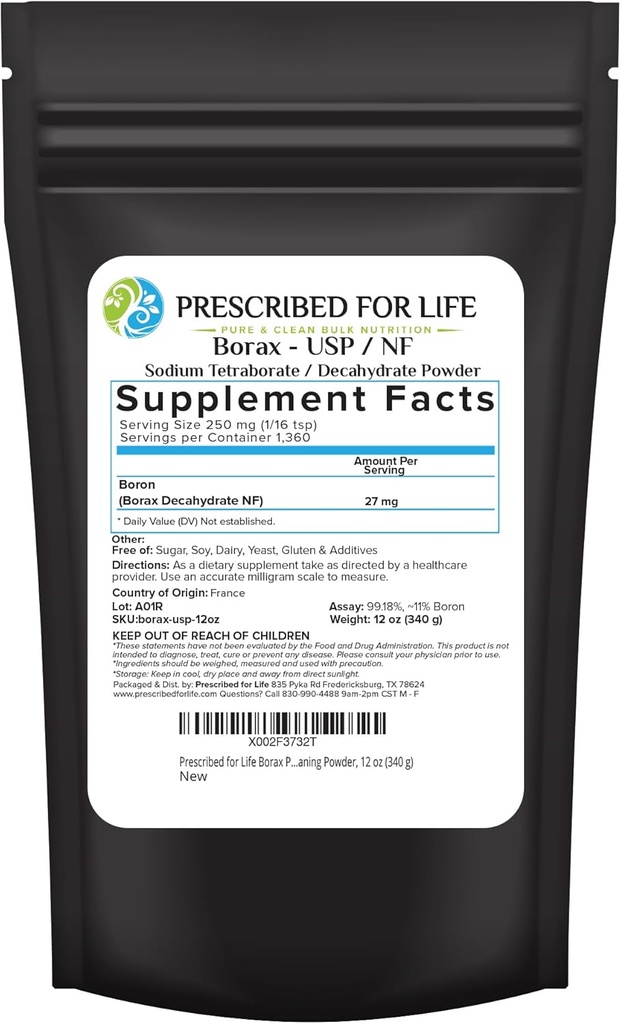Voorgeschreven voor Life Borax Powder, Pure USP NF Grade Alle natuurlijke natriumboraat poeder, huishoudelijke wasserette Booster, Slijm Activator & Multipurpose Cleaning Powder (12oz / 340g)