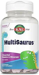 KAL MultiSaurus Kids Kauwbare Multivitaminen, 11 essentiële vitamines en mineralen voor kinderen, gemengde Berry smaak, Gluten en conserveringsvrij, 60 porties, 60 Dinosaurus-gevormde kauwtabletten