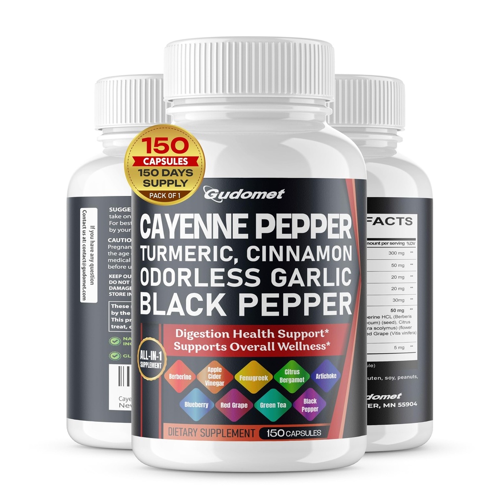 Cayenne Pepper Turmeric Odorless Ail Cinnamon Fenugreek Citrus Bergamot Artichaut Blueberry Green Tea Black Pepper -150 Capsules- Fabriqué aux États-Unis