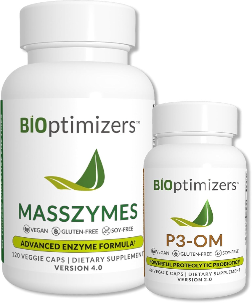 BiOptimisers - P3-OM en MassZymes Bundle - Premium Digestieve Enzymen en Probiotica voor vrouwen en mannen - Doctor-Formulated (120 MassZymes Capsules, 60 P3-OM Capsules)