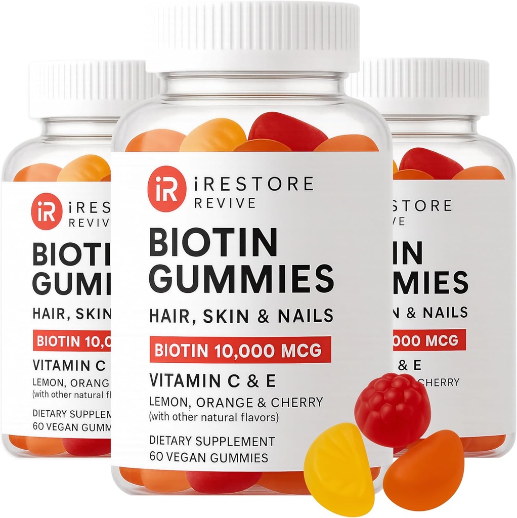 iRestore Haar Gummy Vitaminen, Vegan Biotin Gummies voor haar huid en nagels, Haargroei Gummies voor vrouwen & mannen, Biotin 10.000 mcg, 3PK