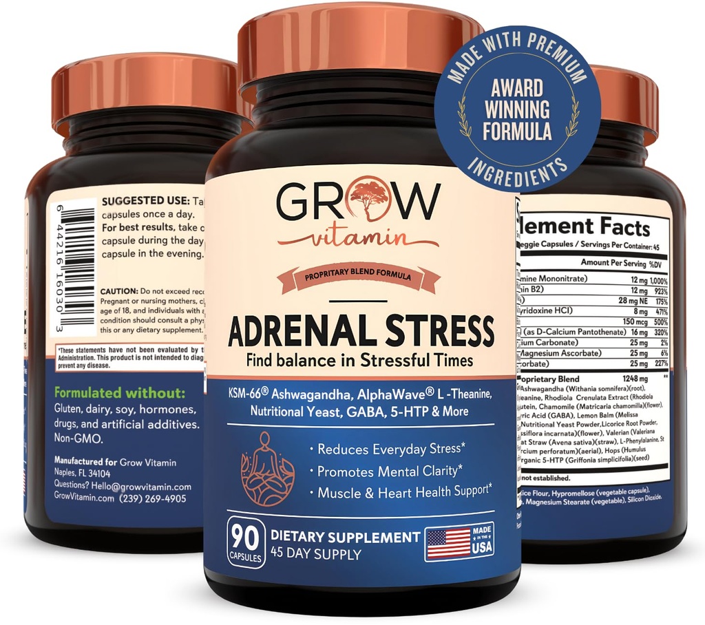 Formule avancée de stress adrénal, bio KSM-66 Ashwagandha avec AlphaWave L-Theanine, 5-HTP, mélange de magnésium - Soulagement du stress quotidien, support de l'humeur, cognitif, santé du cerveau, 90 capsules