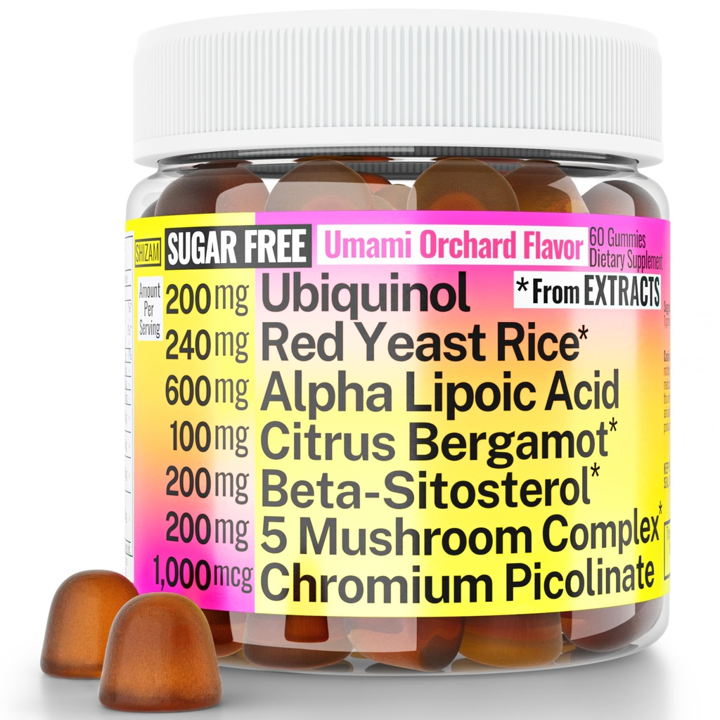 Rode Gist Rijst Alpha Lipoïnezuur Ubichinol CoQ10 Citrus Bergamot Beta-Sitosterol Chromium Picolinaat Suiker-Minder Gummies w Lion's Mane Turkije Tail Reishi Cordyceps Chaga, Pillen Capsules Supplement Alt