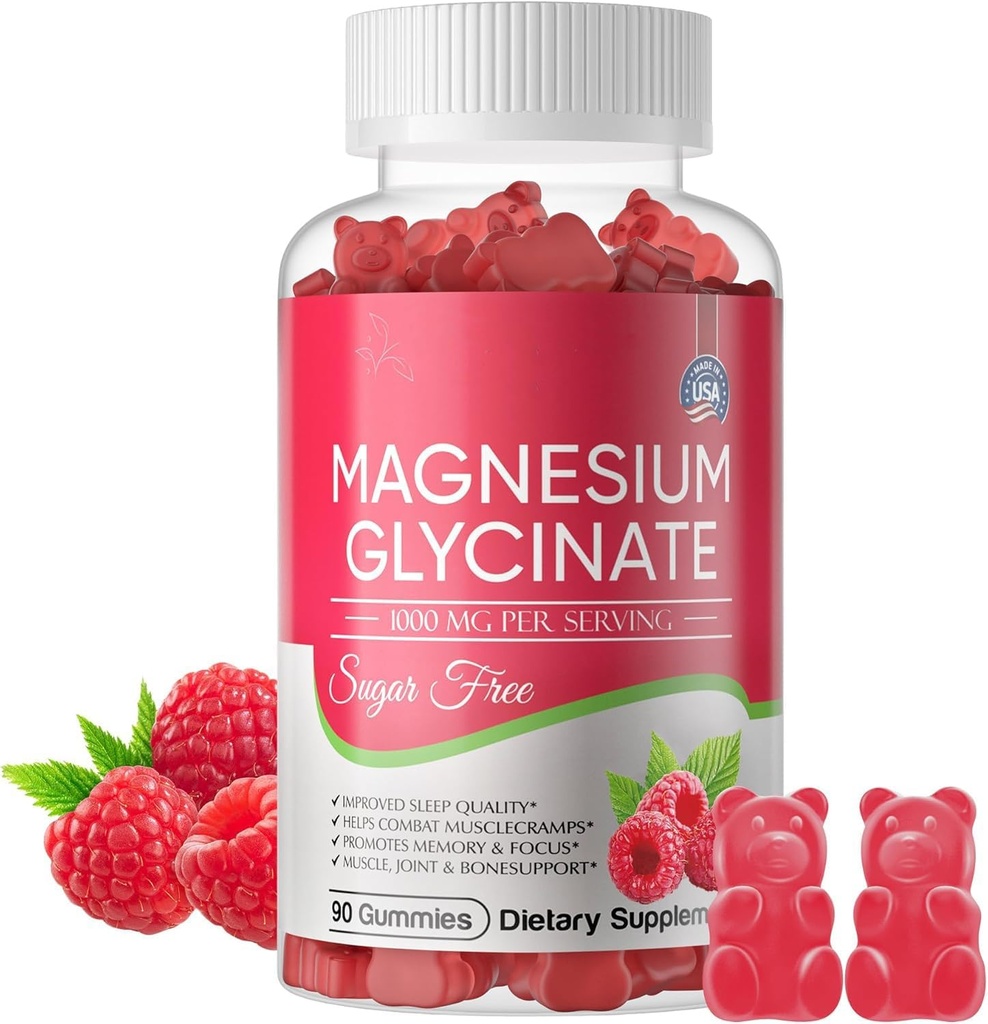 Glycinat de magnésium 700mg, sans sucre Glycinat de magnésium, supplément de potassium complexe de magnésium avec potassium, vitamineD, B6 pour le soutien et le sommeil calme pour les adultes - 60 Gummées de framboises