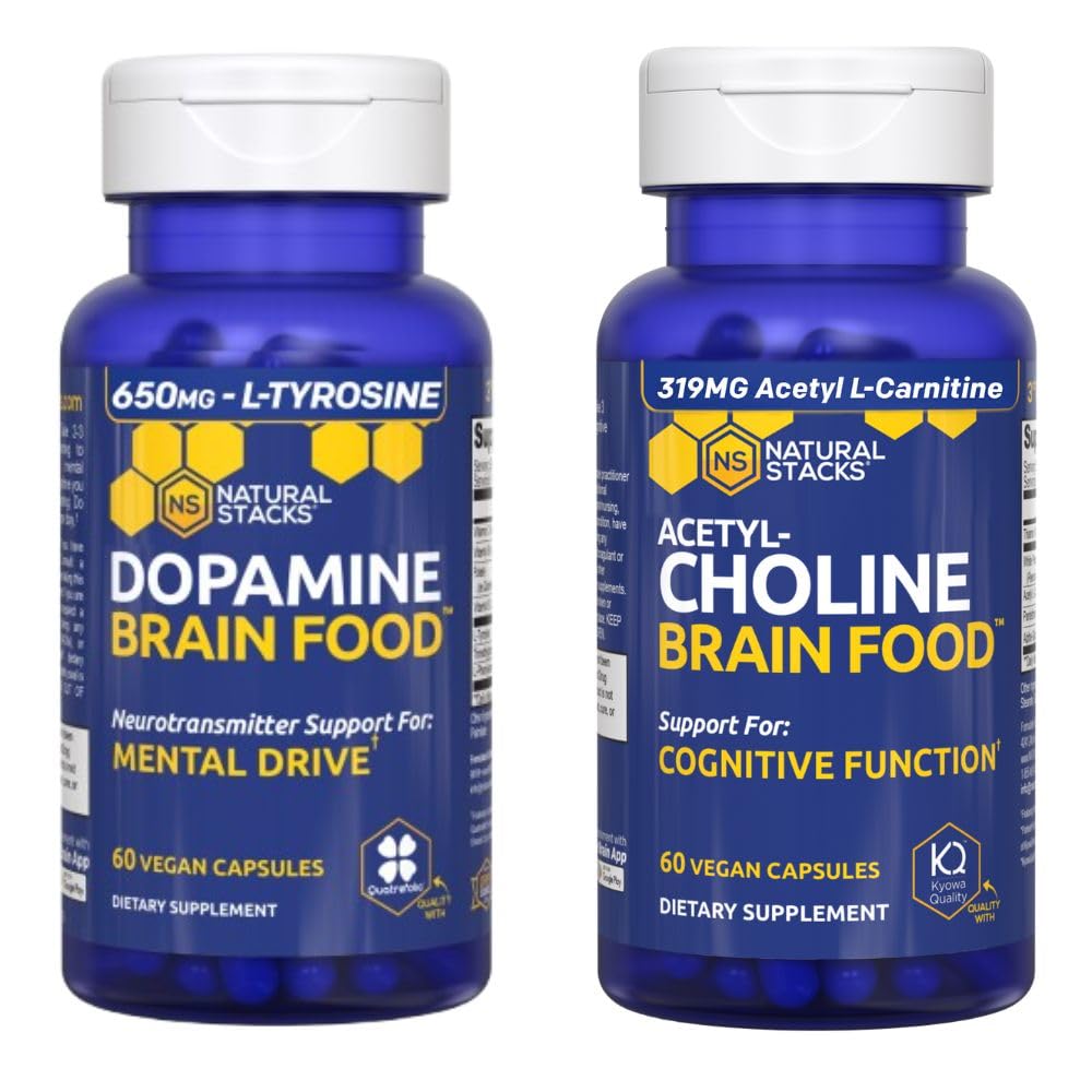 NATUURLIJKE STAKKEN Dopamine & Acetylcholine Hersenvoedingsbundel - Ondersteunt Mentale aandrijving en cognitieve functie* - 120 Totaal Capsules