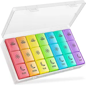 BUG HULL pil Organizer 3 keer per dag, Grote Weekly Medicine pil Organizer 3x per dag, 7 dagen pil Box Cases Morning Noon Avond voor Vitamine, Cod-Liver Oil, Supplementen (Rainbow White)