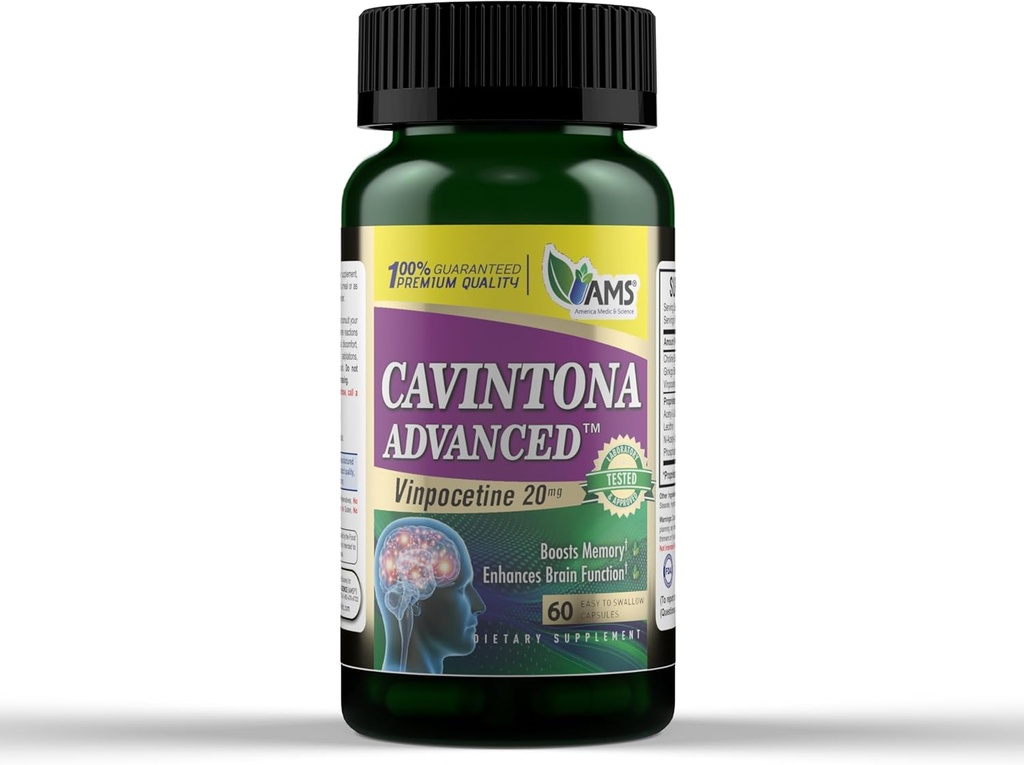 America Medic & Science Cavintona Supplément avancé – Vinpocetine 20mg pour la mémoire, le rappel et la santé du cerveau – soutient la fonction cognitive, le focus, la clarté mentale et le flux sanguin – 60 capsules