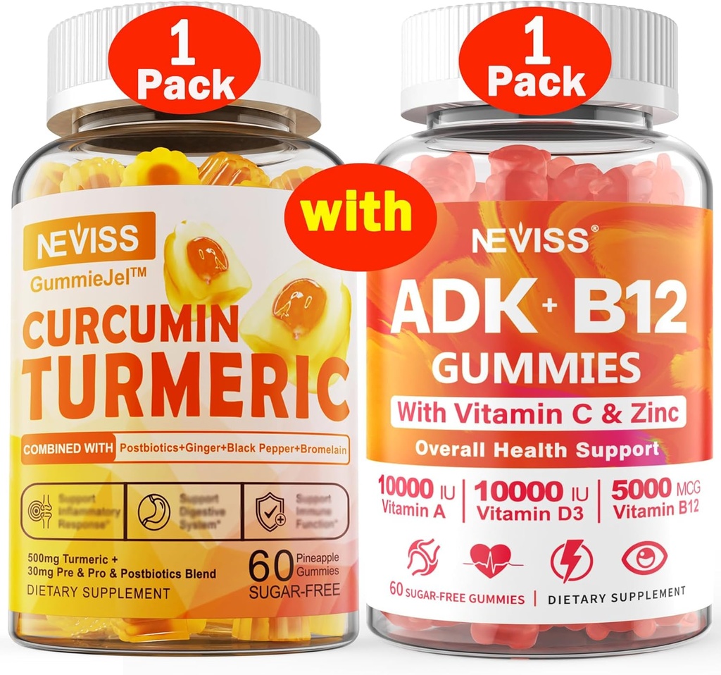 1Pack Kurkuma Curcumin Gevulde Gummies + 1Pack Vitamine ADK met B12 Gummies