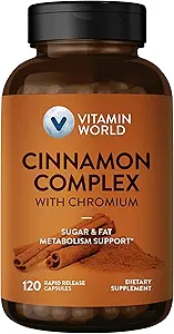 Vitamin World Cinnamon Complex met Chroom, 1000 mg Kaneelsupplementen met hoog-Potency Chromium voor een gezonde stofwisseling en antioxidant bescherming, 120 capsules, 2 maanden levering, Glutenvrij