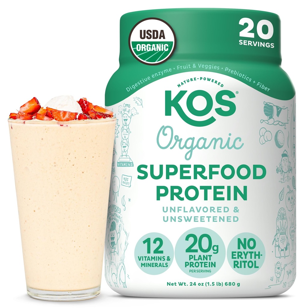 KOS Vegan Protein Powder, Unflavored & Unsweeted - Low Carb Pea Protein Blend, Organic Superfood Rich in Vitamins & Minerals - Keto, Soy, Dairy Free - Meal Replacement for Women & Men - 20 Servings