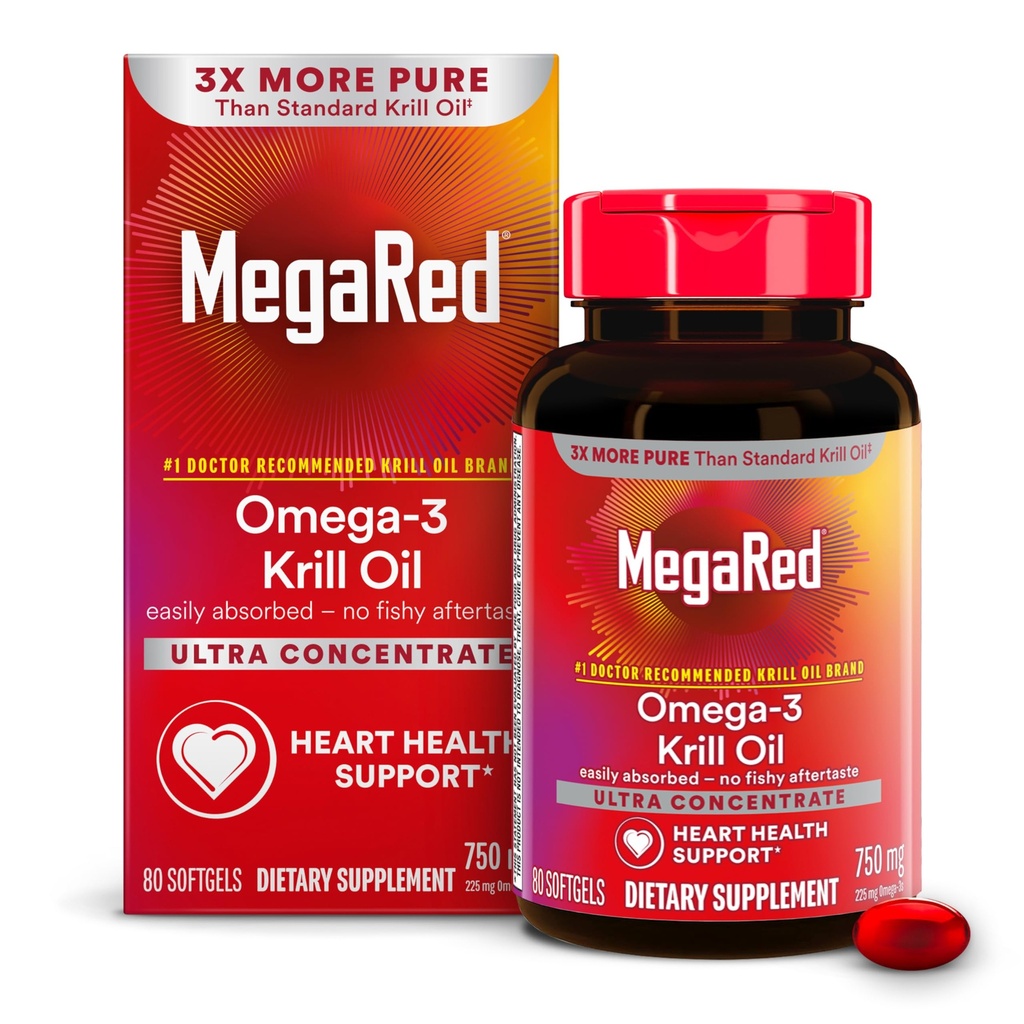 MegaRed Antarctische Krillolie 750mg, Omega 3 Fatty Acid Supplement, Ultra Concentrate EPA & DHA Softgels, Antioxidant Astaxanthine, Hartgezondheidssupplement zonder visolie Afdronk, 80ct