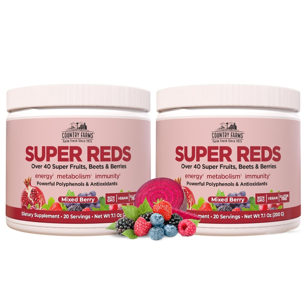 LAND LANDBOUW Super Reds, Energizing Polyfenol Superfood, Meer dan 40 Super Fruit en Bessen, Krachtige Antioxidanten en Polyfenolen, Ondersteunt Energie, Ondersteunt Circulatie, 40 Servers, Gemengde Bessen