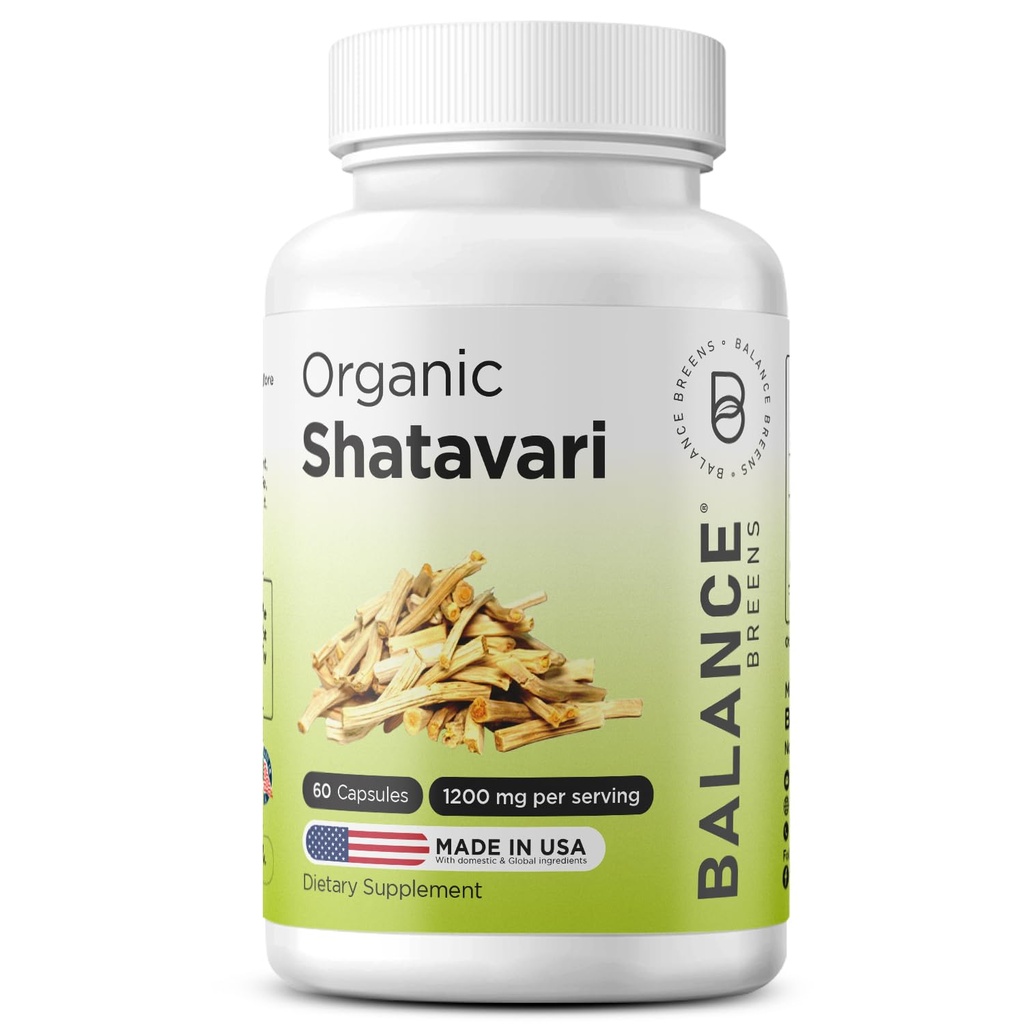 Shatavari biologique 1200mg, 60 Capsules - Vitamines de soutien à l'allaitement, Équilibre hormonal pour les femmes, Racine d'asperge Racemosus