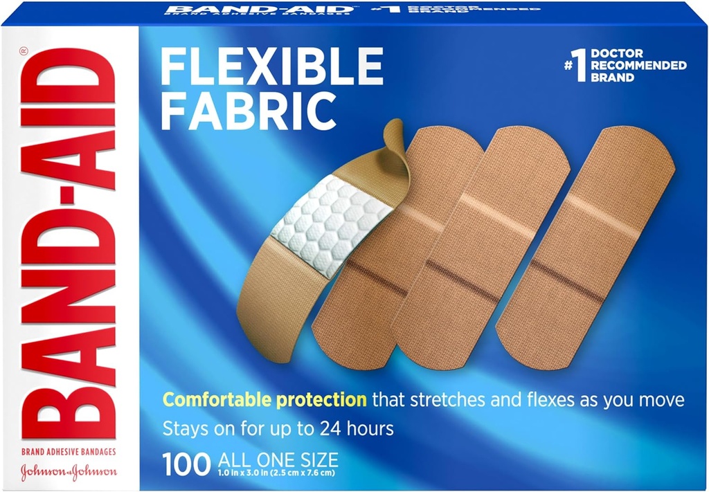 Band-Aid merk flexibele stof Steriele lijm Bandages, comfortabele Cushioned Wound Care & Protection for Minor Cuts, Scrapes & Burns, EHBO, Hurt-Free Comfort Pad, One Size 1x3 In, 100 Tellen