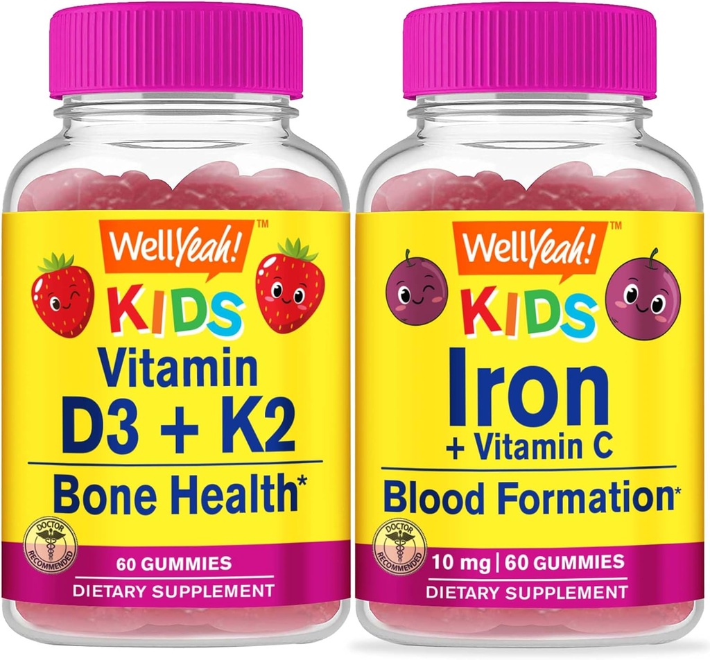 WellYeah Vitamine D3+K2 Kids + Iron + Vitamine C Kids, Gummies Bundle - Grote Proeverij, Vitamine Supplement, Glutenvrij, GGO-vrij, Kauwgom