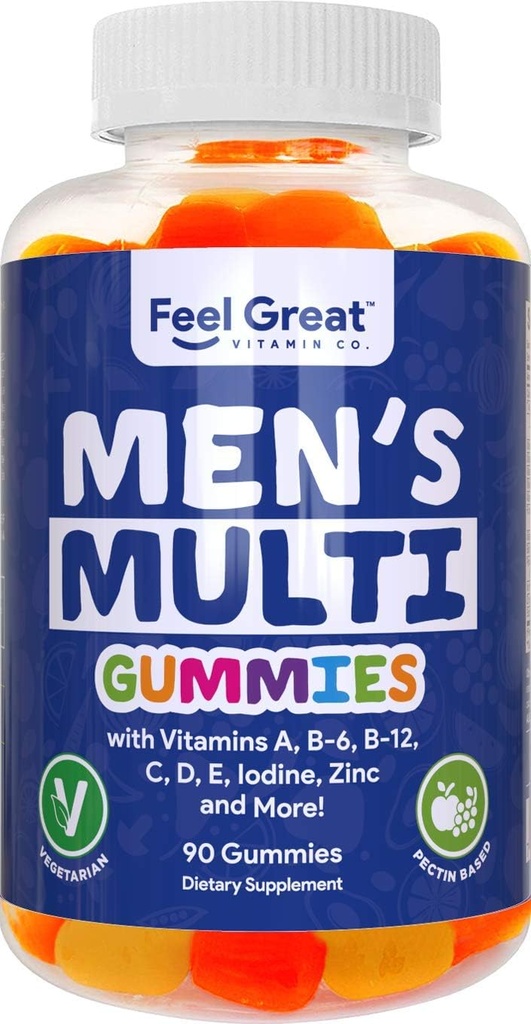 Feel Great Vitamin Co. Mannen Multivitamine Gummies, verpakt met vitamine A, B-6, B-12, Biotine, C, D3, E, Jodium, Foliumzuur, Zink. Gemaakt in de VS. 45 dagen levering