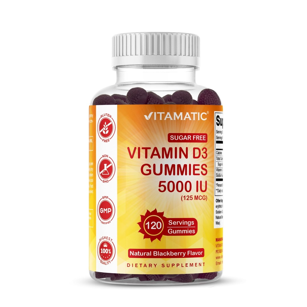 Vitamatic Sugar Free Vitamin D3 5000 IE - 120 Gummies - Great Taste - Healthy Bones, Mood & Immuun System Function - Non-GMO - 120 Servings (5000 IE)