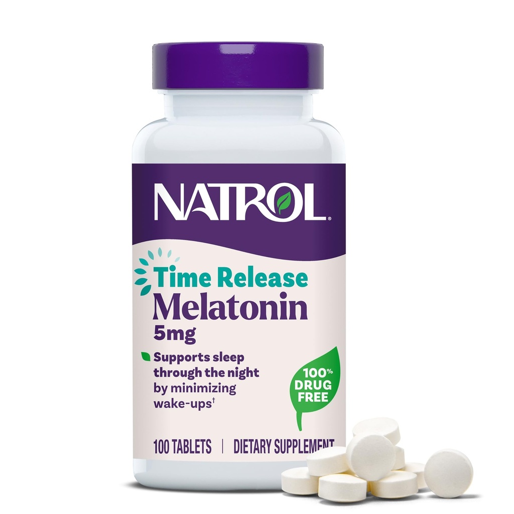 Natrol Melatonine 5 mg Time Release, Dieetsupplement voor het minimaliseren van Wake Ups, Nacht slaaphulp, 100 tabletten, Tot een 100 dagen levering