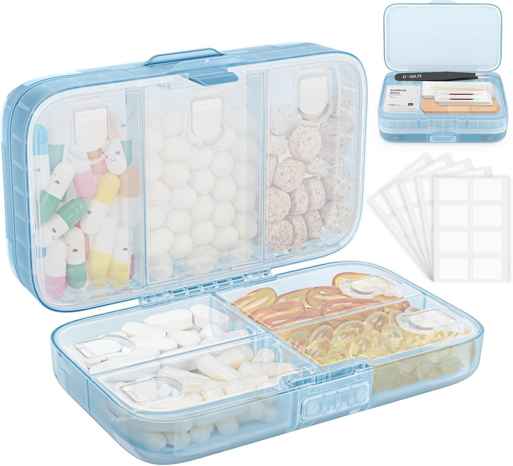 FYYY Weekly pil Organizer met labels,8 Compartments Travel Daily Pill Case Luchtdichte vochtdichte grote pil Box te houden vitamines, visolie, supplementen, Cotton Swab en Bandages-Blue