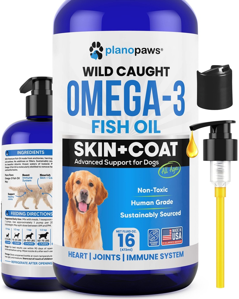 Omega 3 Visolie voor honden - Beter dan Zalmolie voor honden - Hondenvisolie supplement - Verminderen Vergieten & jeuken - Ondersteunt gewrichten, hersenen, hart gezondheid- Hondenhuid en jas supplement - Visolie vloeibaar