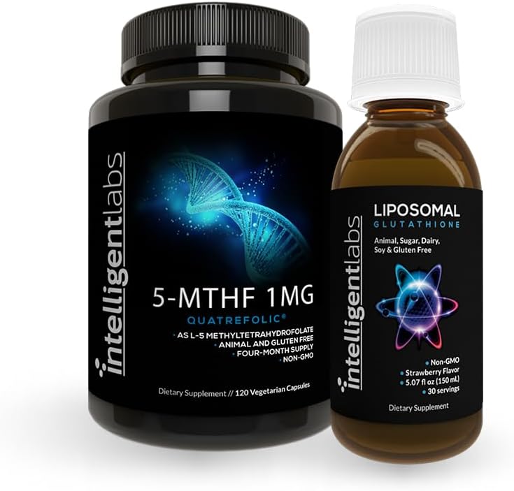 Intelligente labs 2-in-1 bundel van 500MG Liposomale glutathion (Liquid Antioxidant Supplement) en 1MG 5-MTHF Methylfolaat als Quatrefolic Acid® (MTHFR Supplement for Methylation Support)