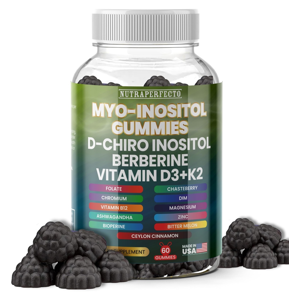 Suikervrij Myo-Inositol & D-Chiro Inositol Gummies for Women, Berberine Vitamin D3 K2 DIM Magnesium Glycinate Oxide L-methylfolaatsupplement voor vrouwen, vruchtbaarheid, hormoonbalans, PMS, ovariële gezondheid