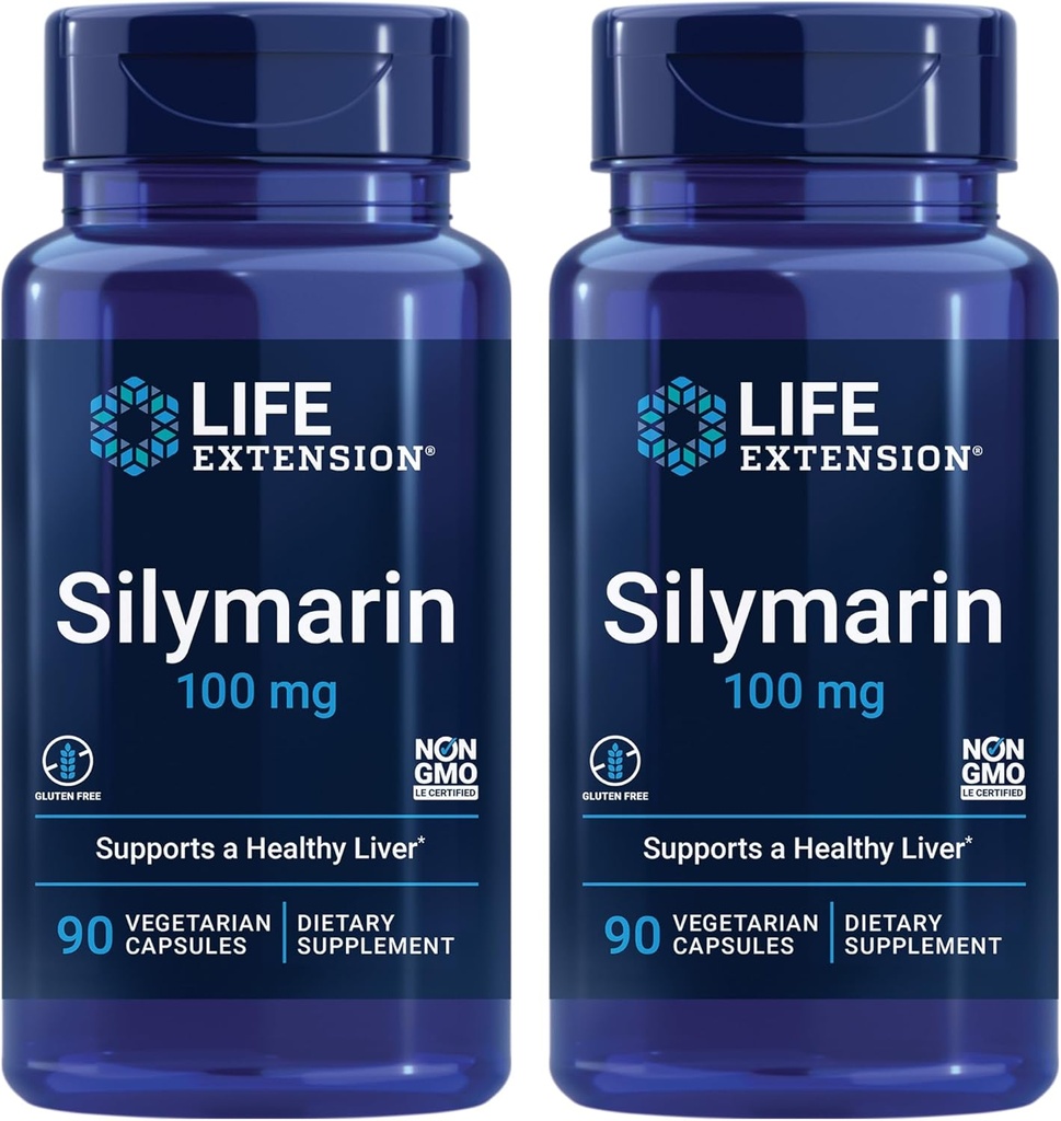 Durée de vie Silymarin – Extrait de chardon de lait – Soutient la santé du foie – Sans gluten, sans OGM, végétarien – Deux packs - 2 x 90 capsules
