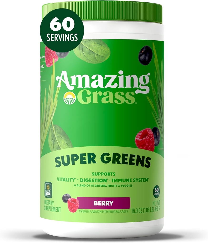 Verbazingwekkend gras Groenen Blend Superfood: Super Greens Poeder Smoothie Mix met Spirulina, Chlorella, Beetwortelpoeder, Digestieve Enzymen & Probiotica, Berry, 60 Servers (Verpakking mei Vary)