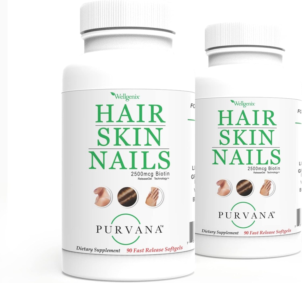 Wellgenix Purvana Hair, Skin, and Nails Vitamin Softgels for High Absorptie - Double Strength 2500mcg Biotin, VIT A & B (90 Count) 2 Pack