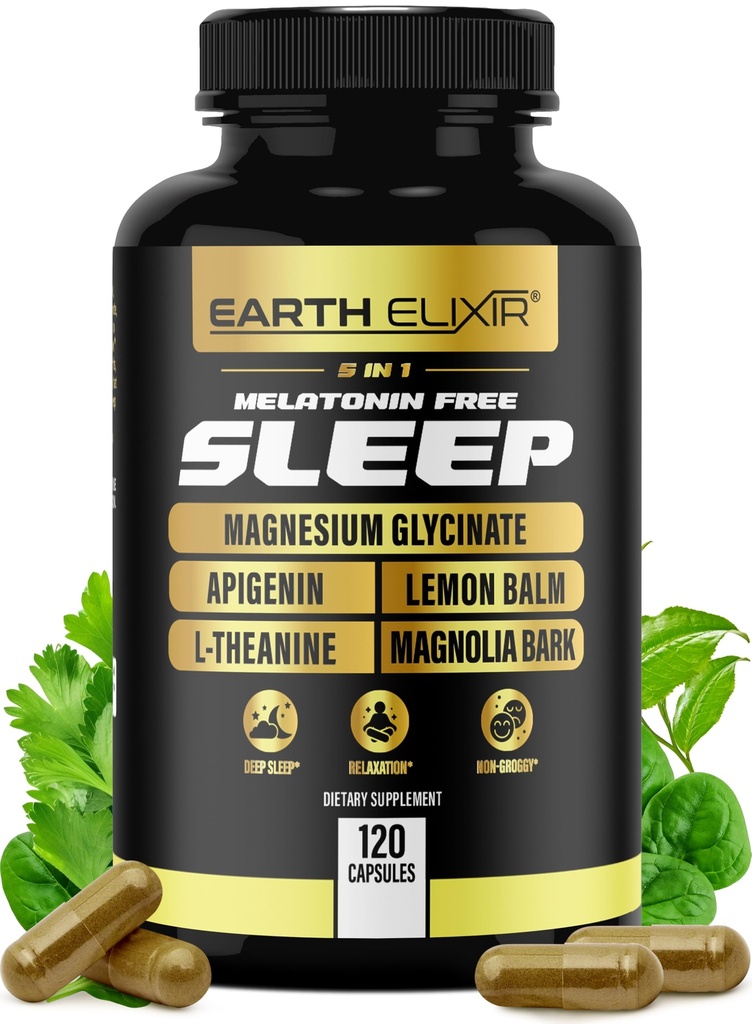 Earth Elixir 4-in-1 Slaaphulp (120 Caps) w/Apigenin 50mg, Magnesium Glycinate 200mg, L Theanine 200mg & Valeriaan wortel voor slaaphulp 300mg 
