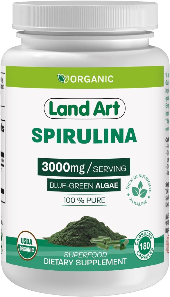 Land Art Certified Organic Spirulina - 180 Capsules - Superfood- Rijk aan mineralen, vitaminen en eiwitten - Veganistisch