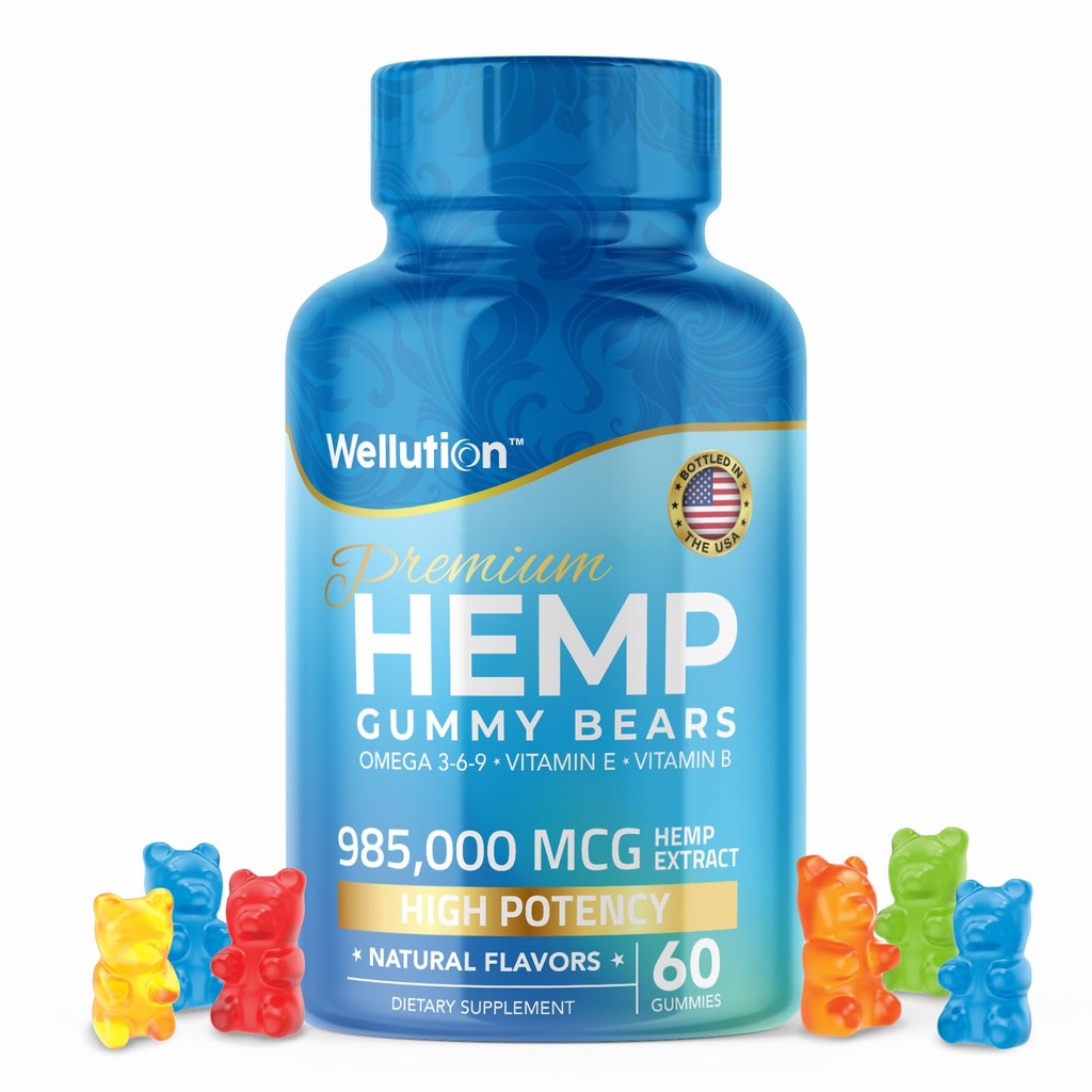 WELLUTION Gommies de chanvre – Haute puissance 985 000 MCG – Ours naturel fruité pour la détente et la paix - Agissant rapidement - 60ct