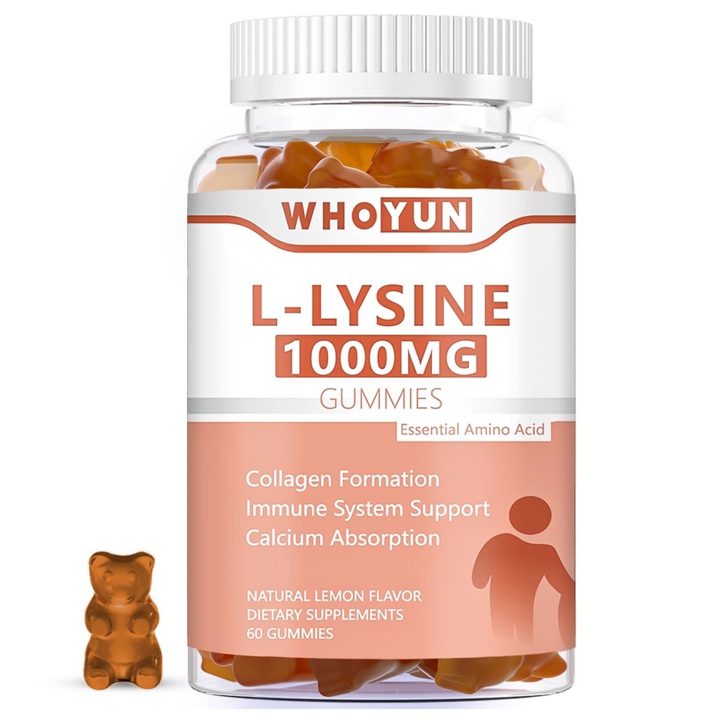 L-Lysine 1000mg Gummies, Kauwbare Lysine Supplement voor volwassenen, Immune Support, Collageen Formation Support, Lemon Flavor, 60 Tellen