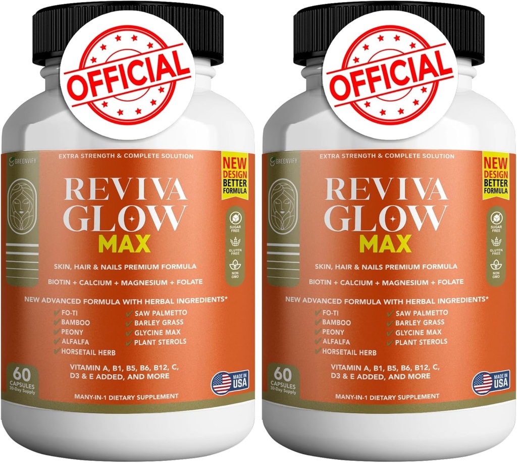 Reviva Glow Max - Hair, Skin & Nails Support Supplement Biotine, Calcium, Magnesium, Folate & Herbal Blend 
