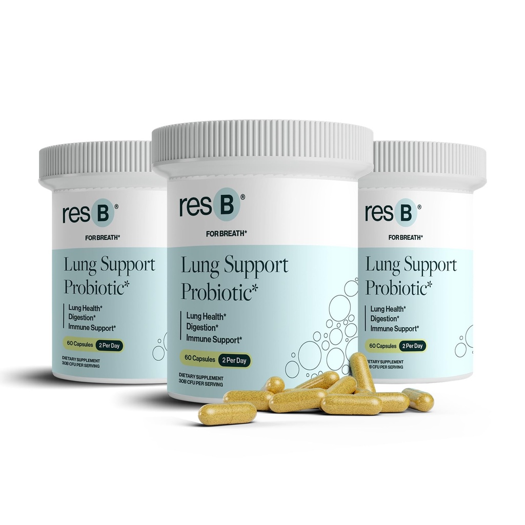 resbiotic resB Lung Support Probiotic Supplement - Long Health Supplement voor Rokers, Gut Health, Immuun Support, Respiratory Care, Holy Basil, Kurkuma, Klinisch Trialed - 180 Capsules (3 flessen)