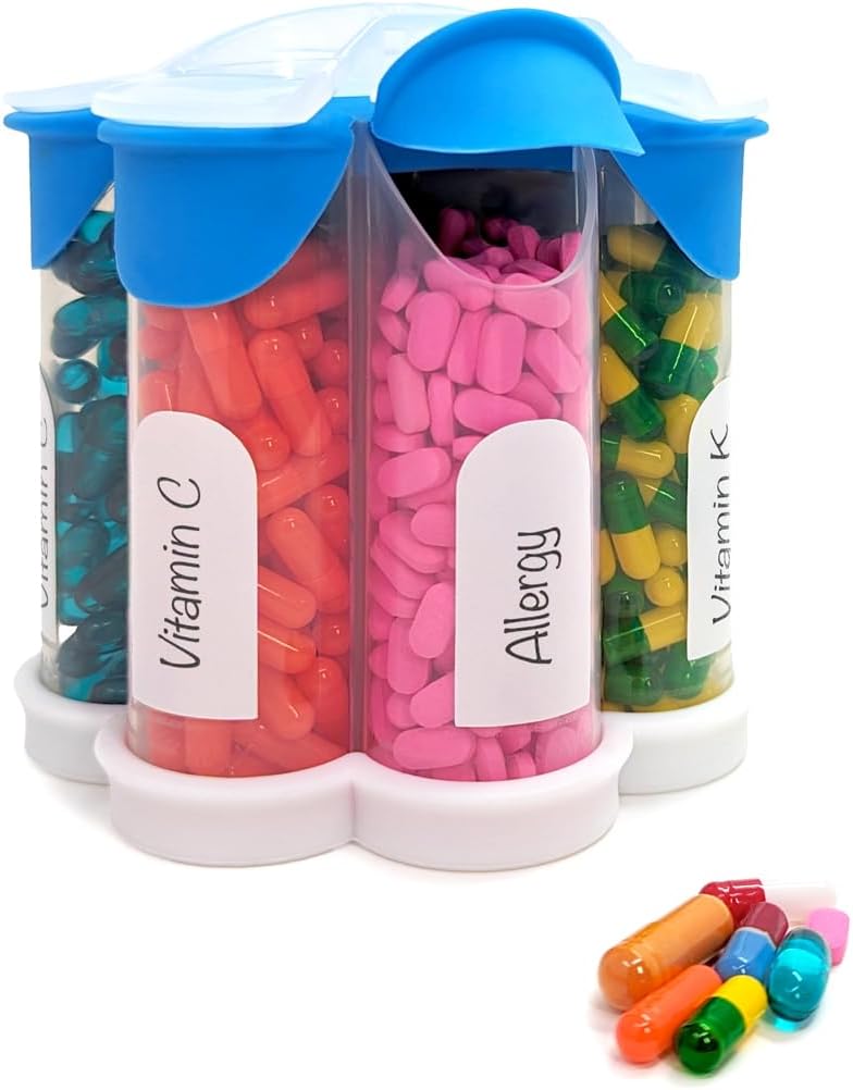 Extra grote pil Organizer dagelijks, wekelijks, maandelijkse supplement fles, schattige Blossom pil Dispenser met 7 XL Compartments, Easy-Open pil Box voor vitamines, medicijnen, etiketten inbegrepen (blauw)