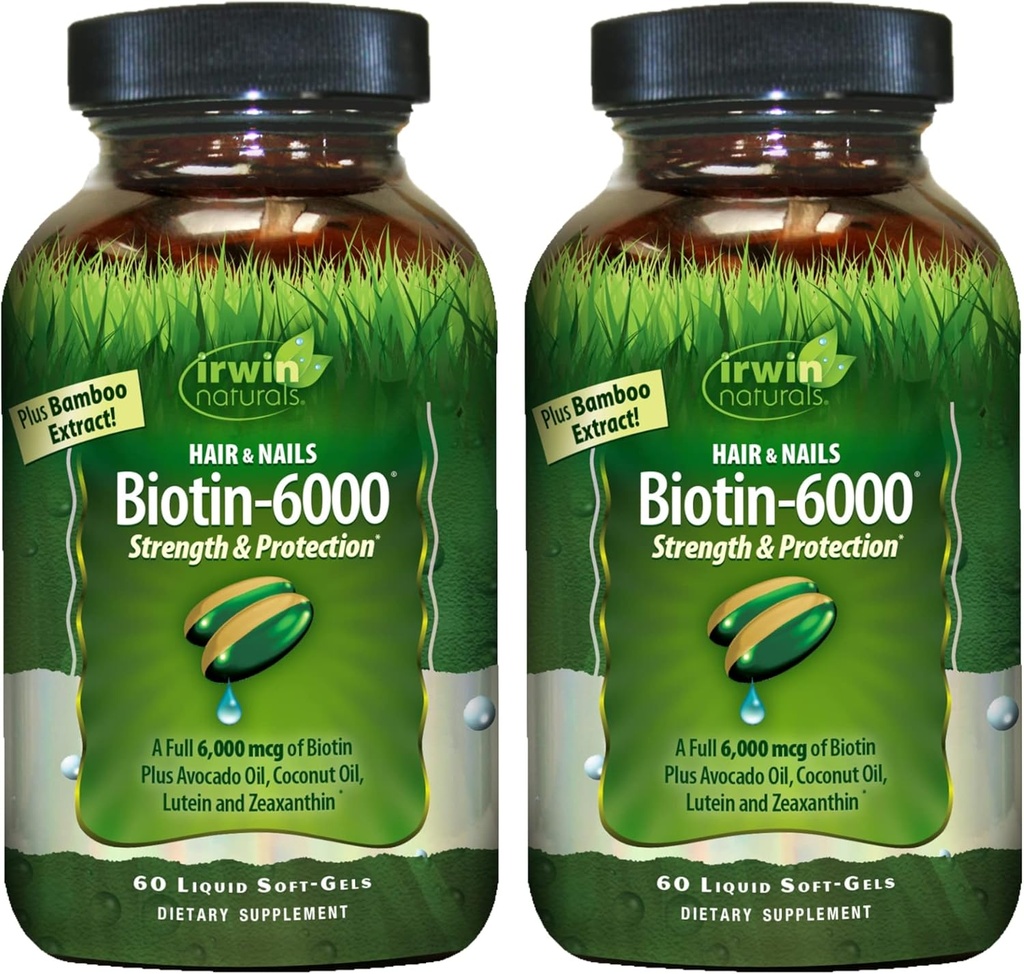 Irwin Naturals Biotin-6000-60 Liquide Soft-Gels, Paquet de 2 - Soutient la force et la protection des cheveux et des ongles - avec l'huile d'avocat, l'huile de coco, la lutéine et la zéaxanthine - 60 portions totales