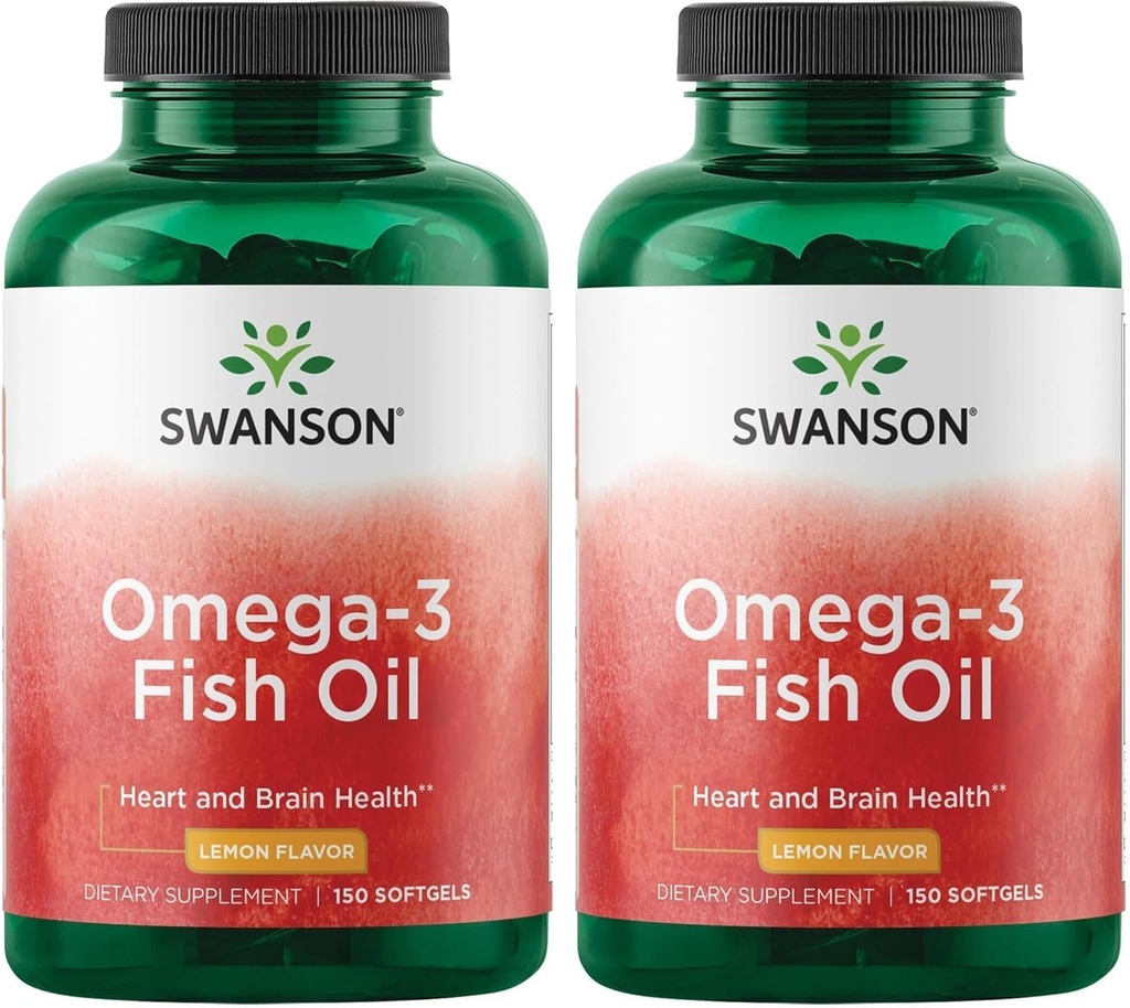 Swanson Omega 3 Supplément à l'huile de poisson Coeur Cerveau et soutien articulaire FEA sans OGM 180 mg EPA Plus 120 mg DHA 150 Capsules Softgel Saveur de citron (2 Pack)