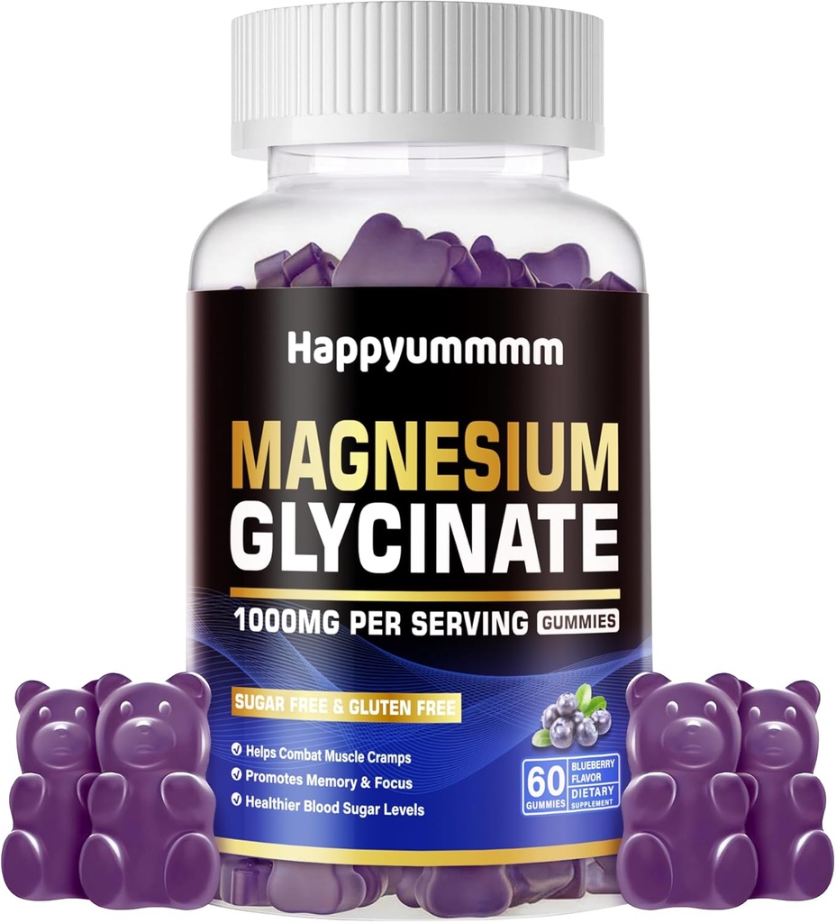 Magnesium Glycinate Gummies 1000mg - Sugar Free Magnesium Potassium Supplement with Vitamin D, B6, CoQ10 for Calm Mood & Sleep Support - 60 Blueberry Gummies