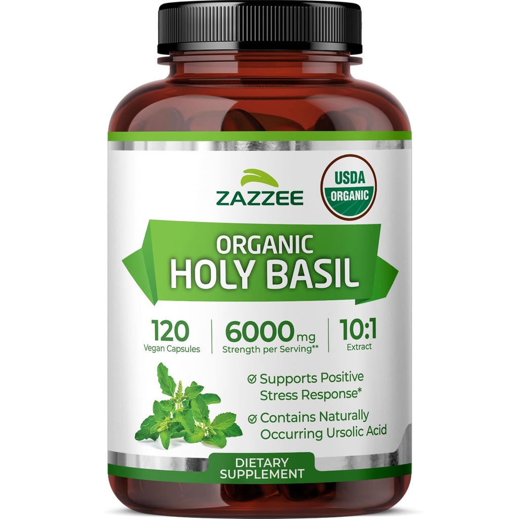 Zazzee USDA Organic Holy Basil 10:1 Extract, 6000 mg Sterkte, 120 Vegan Capsules, Geconcentreerd en gestandaardiseerd 10X Tulsi Extract, Ursolic Acid, 100% Certified Organic, Non-GMO
