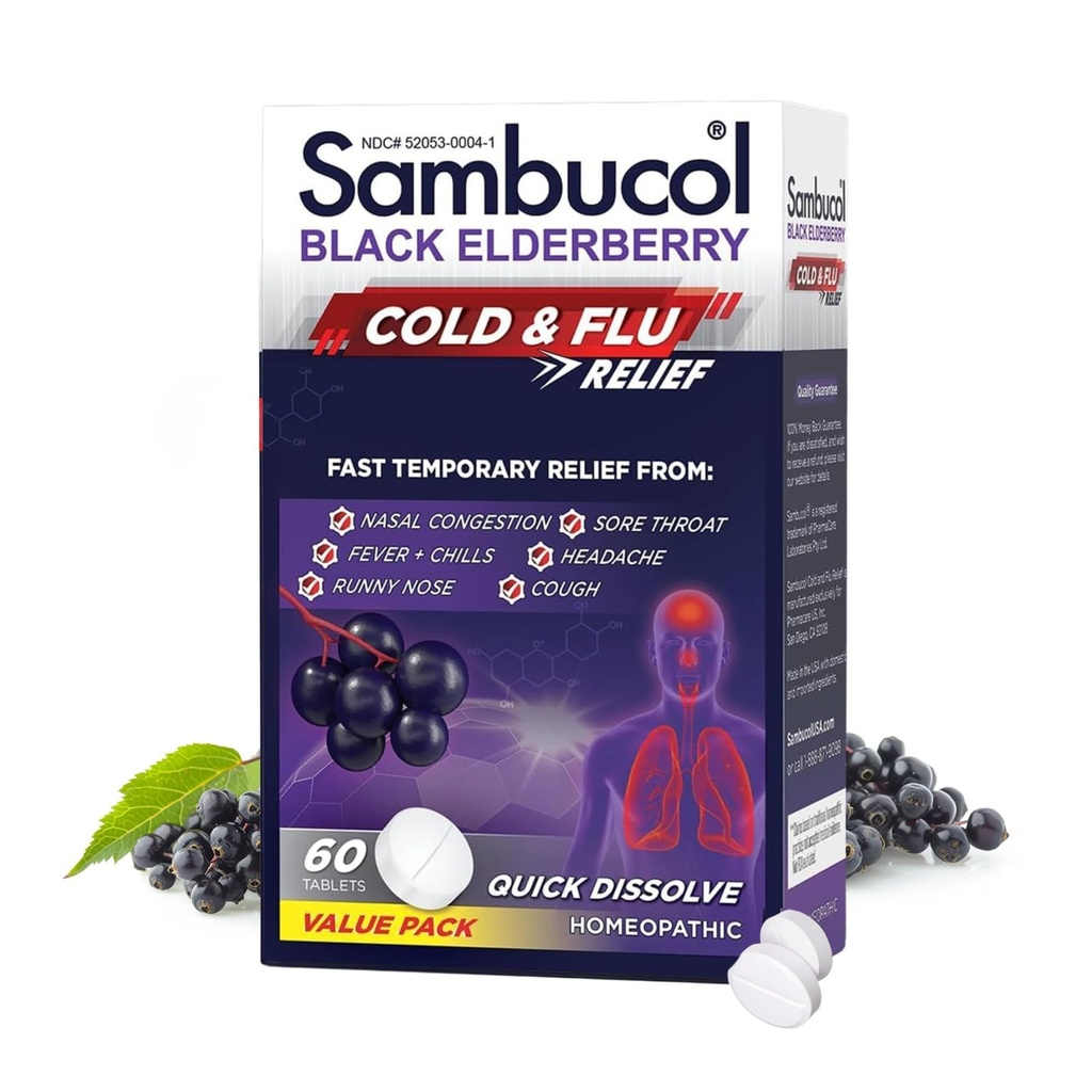 Sambucol Cold and Flu Relief Tablets - Homeopathische Koude Geneeskunde, Koude Remedie voor Volwassenen, Zwarte Vlierbes voor Verkoudheid, Zink Koude Remedie - 60 Tellen