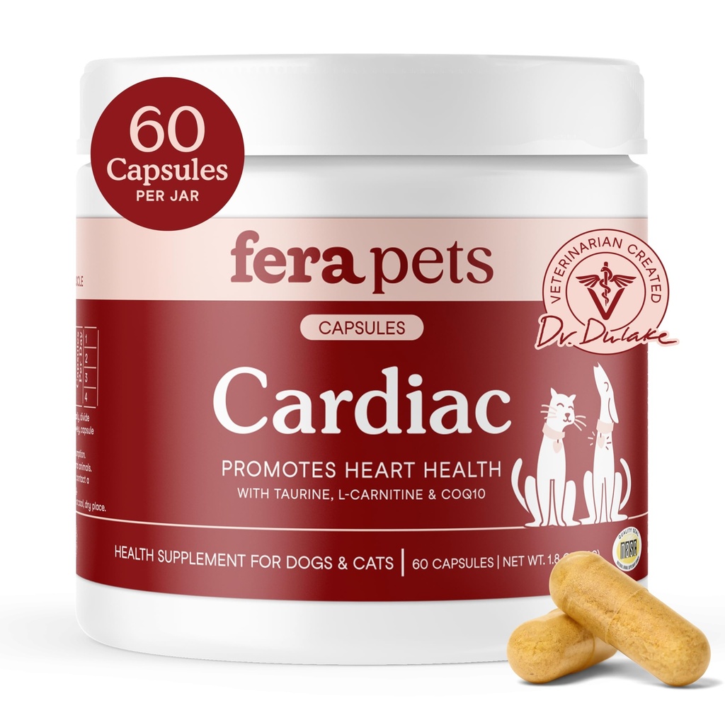 Fera Huisdieren Hartondersteuning - Hartsupplement voor katten en honden met Taurine, L-Carnitine, & CoQ10 - bevordert normale circulatie en hartslag - 60 capsules