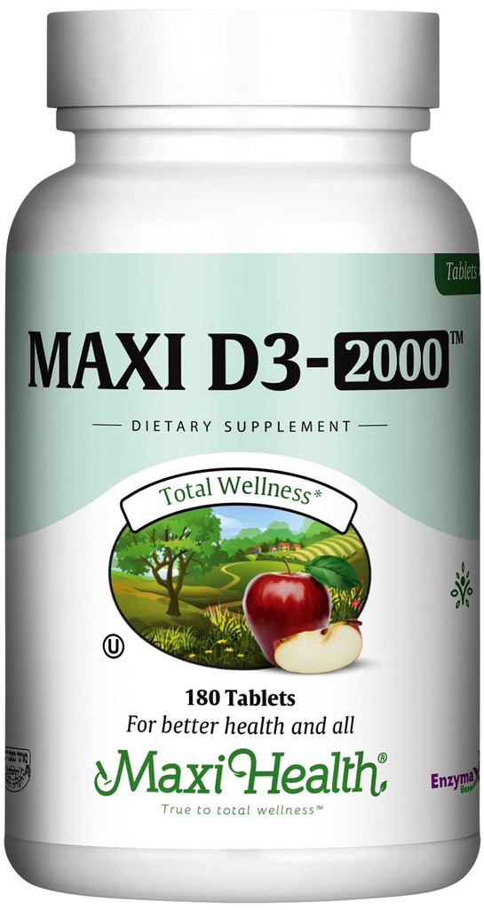 Maxi Health Kosher Vitamine D3 2000IE - Zeer absorberende vitamine D-supplementen voor gezonde immuunrespons, Calcium Absorptie, Tanden & Bone Health - D3 Vitamine 2000 IE -180 tabletten