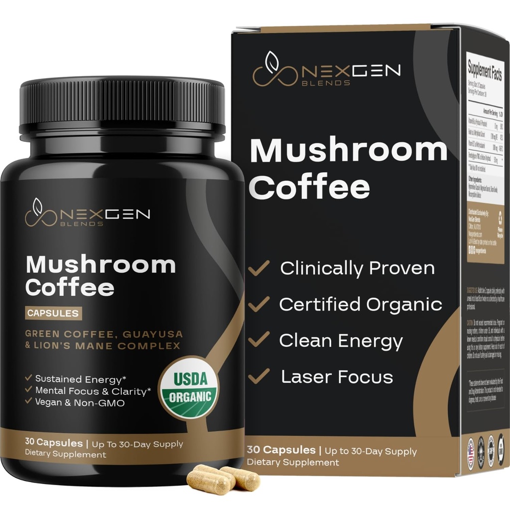 Capsules de café 100% Bio Mushroom - Supplément énergie naturelle avec 130 mg de caféine provenant d'extraits brevetés de café vert breveté et Guayusa pour l'énergie et le focus sans jitter (30 portions)